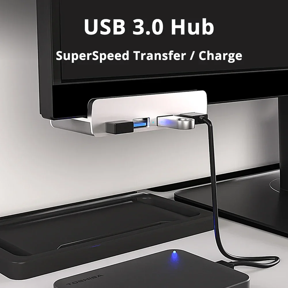 4-Port USB 3.0 Hub with Extra Type C Power Supply Port Monitor-Edge Desk-Edge USB 3.0 Clip-Type Aluminum Hub for Laptop PC