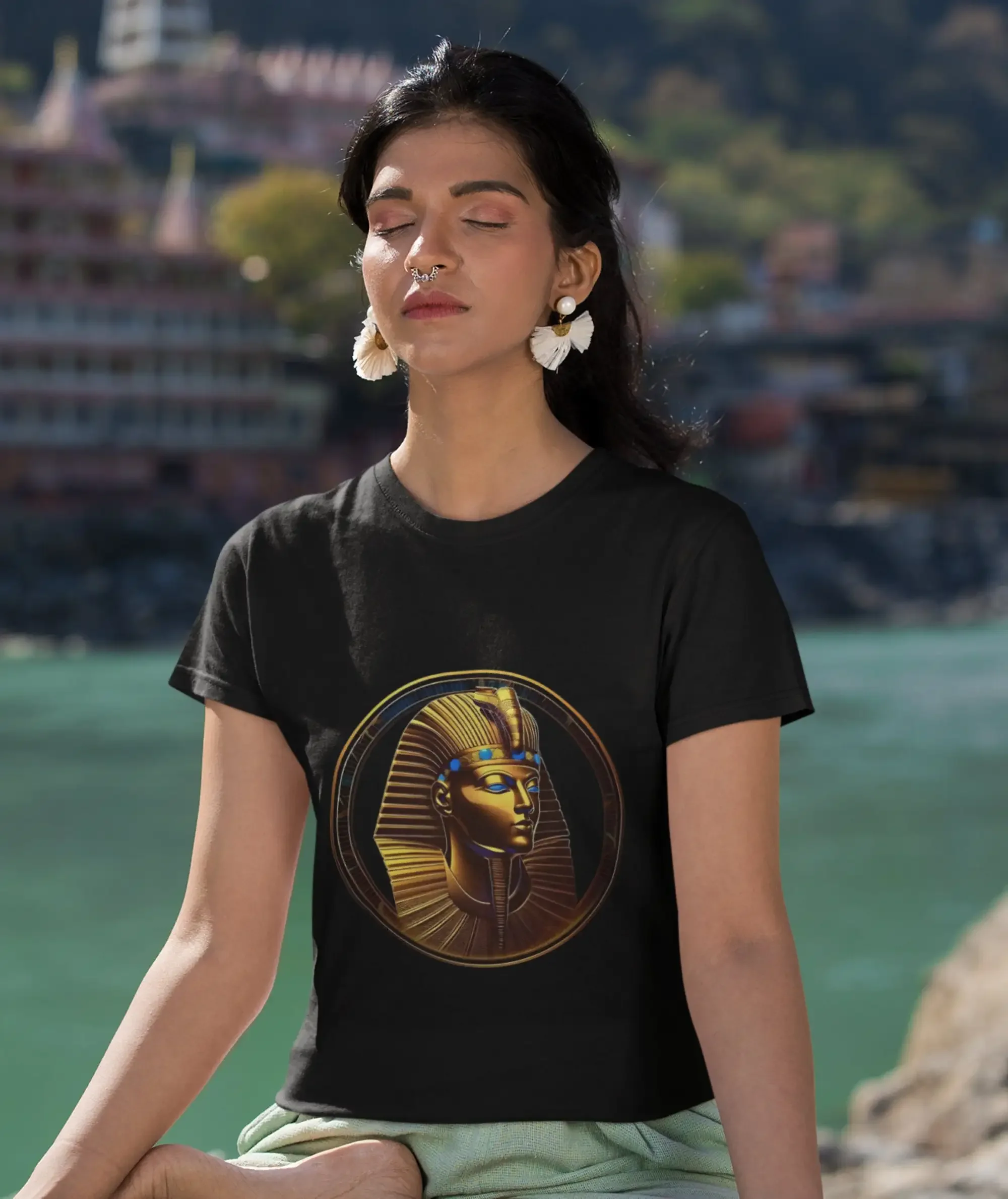 Pharaohs mask T Shirt Heavy Cotton Tutankhamun gold tee Egyptian Ancient mysteries blue eyes print top gift
