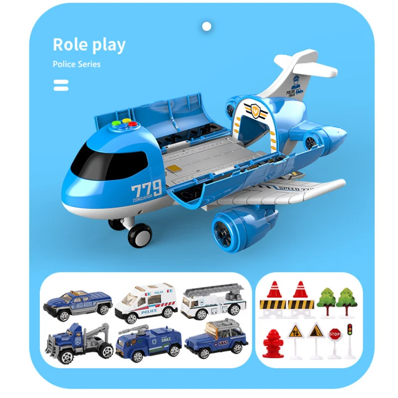 Large Airplane Model With Lightds Inertia Police Car Kids Storage Passenger Airplane Boy Simulation Plane Multifunctional Toys