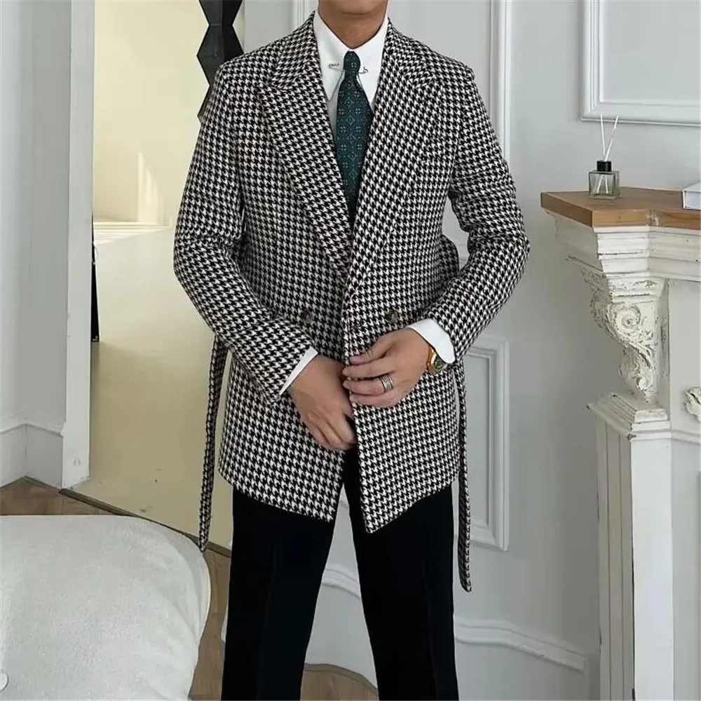 Elegant Houndstooth Groom Wedding Tuxedos Customized Double Breasted Jacket Pants 2 Pieces Man Business Prom Blazers Slim FIt