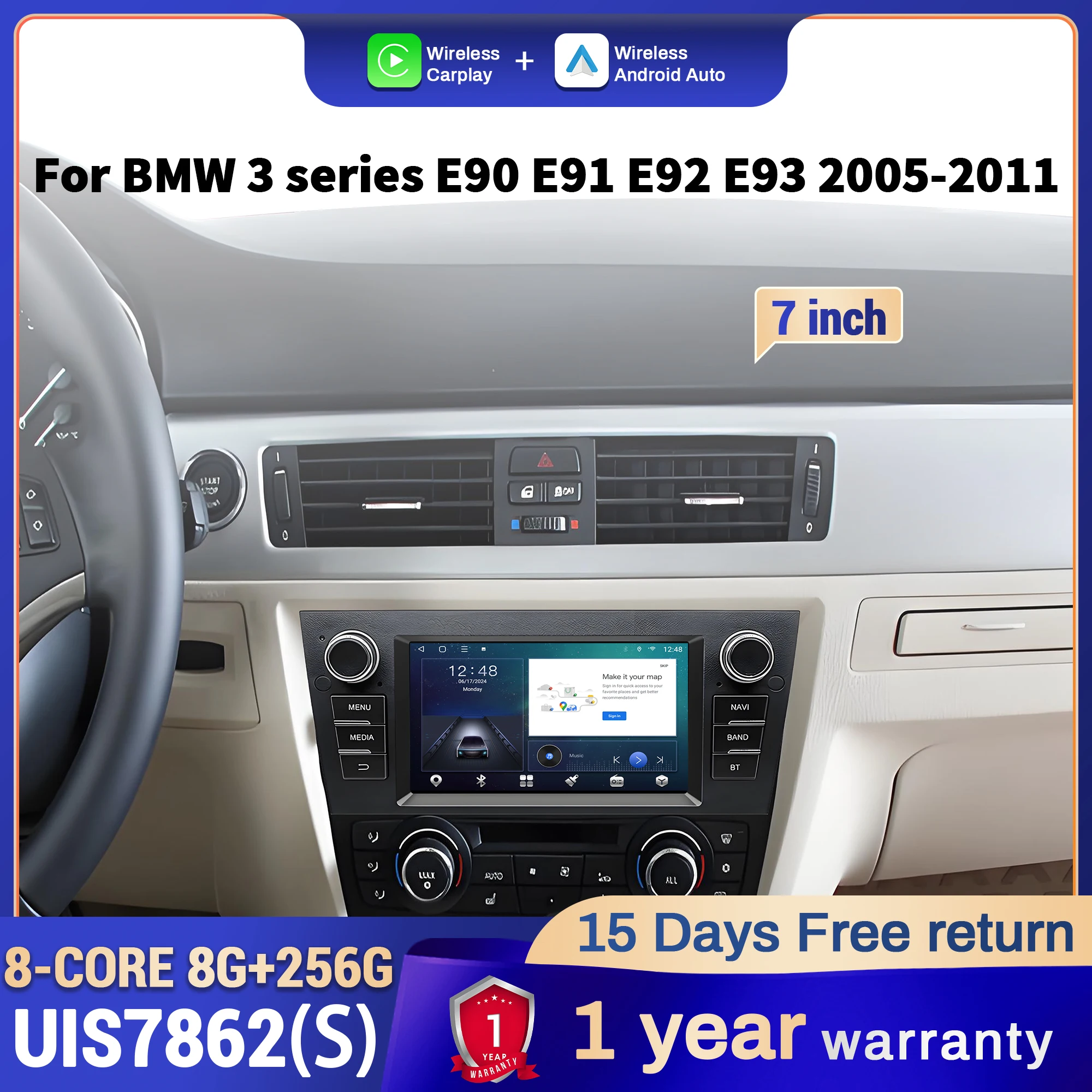 7 inch Car Radio For BMW 3 series E90 E91 E92 E93 2005 2006 2007 2008-2011  Multimedia Wireless CarPlay Head Unit Touch Screen