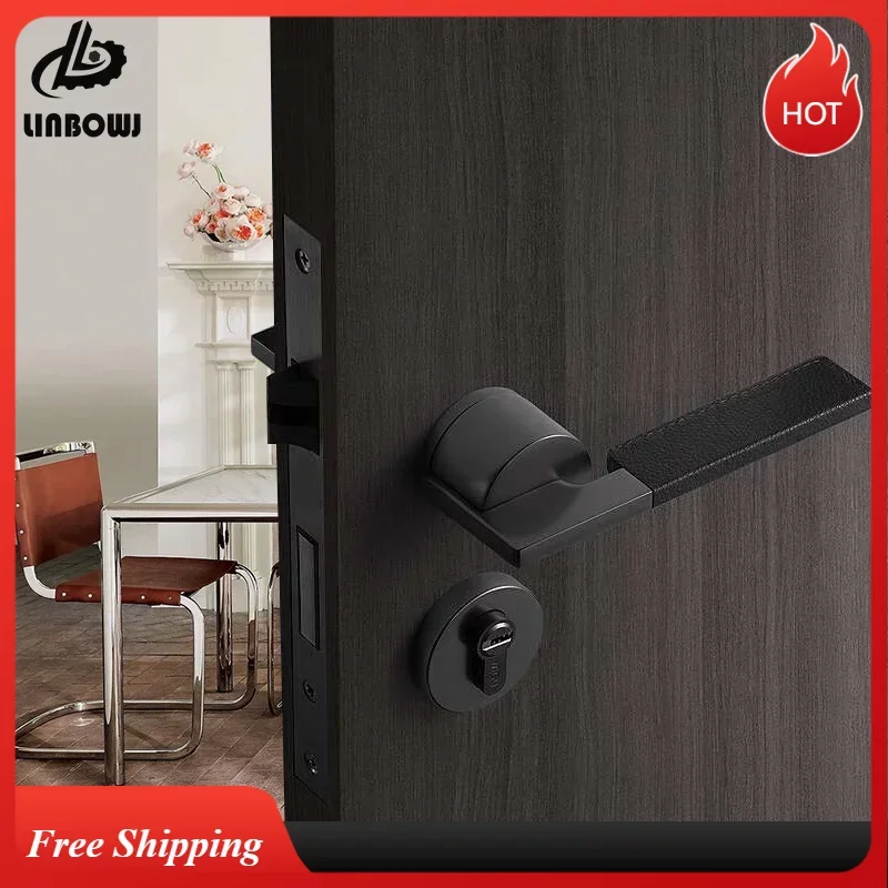 Leather Door Lock Leather Door Handle, Minimalist Light Luxury Interior Mute Black Nickel Split Lock Meeting Room Door Lock