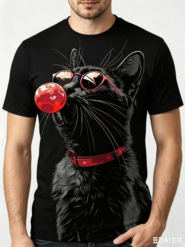 Modisches Neues Herren-T-Shirt mit Coolem Schwarzen Katzen-Kaugummi-Print, Sommerliches Lässiges Kurzarm-Trend-Shirt im Street-Hip-Hop-Stil