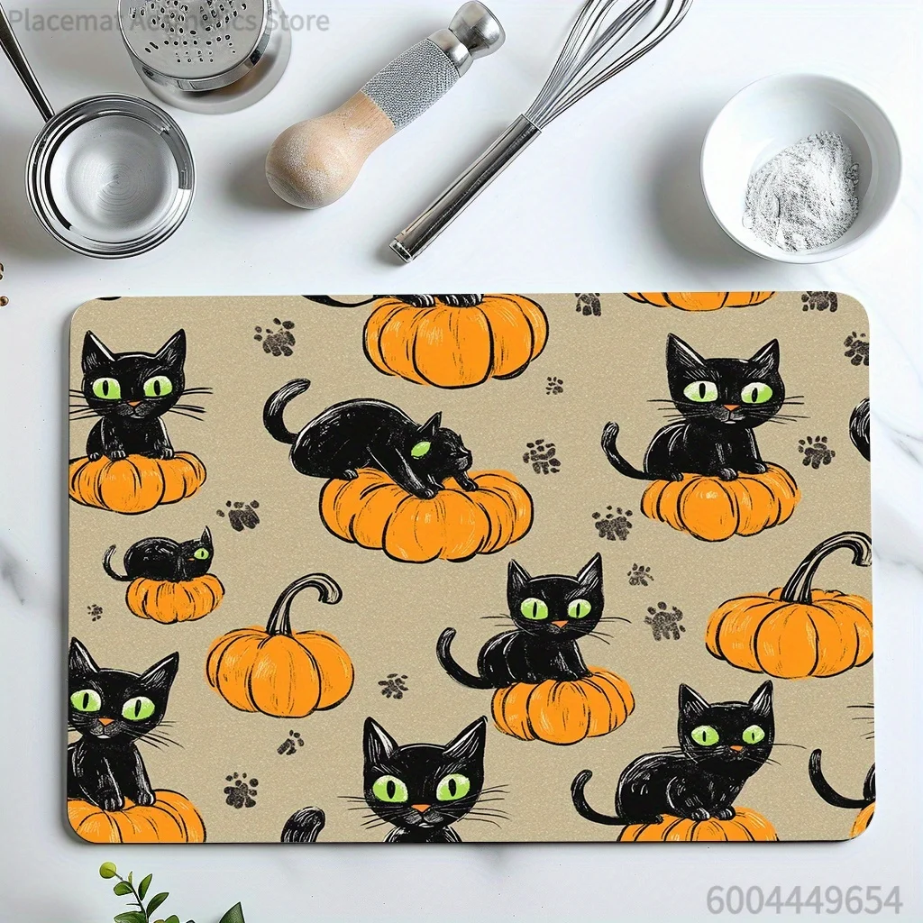 Halloween Black Cat Pumpkin Cute Bread Donut Print Super Absorbent Drying Mat, Waterproof Kitchen Counter Drain Pad Decor