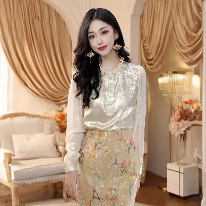 Luxury Streaming Satin French Long-sleeved Shirt for Women Spring Autumn Splicing Design Unique Beautiful Shirt Office Lady Top