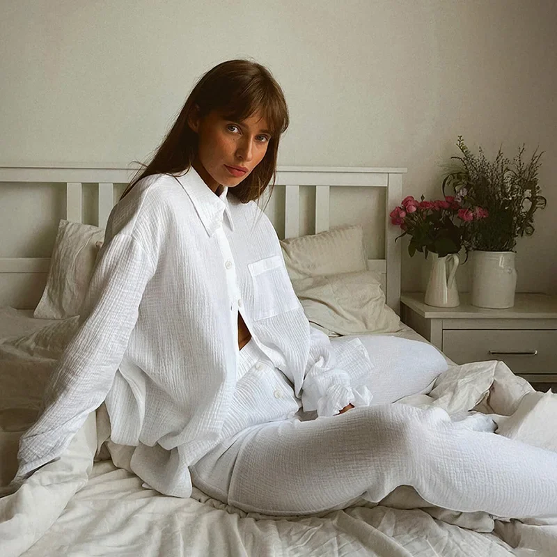 Fmxires pur coton chemise pantalon costume femmes décontracté revers haut plissé pantalon ample maison vêtements ensemble 2025 automne mode dame