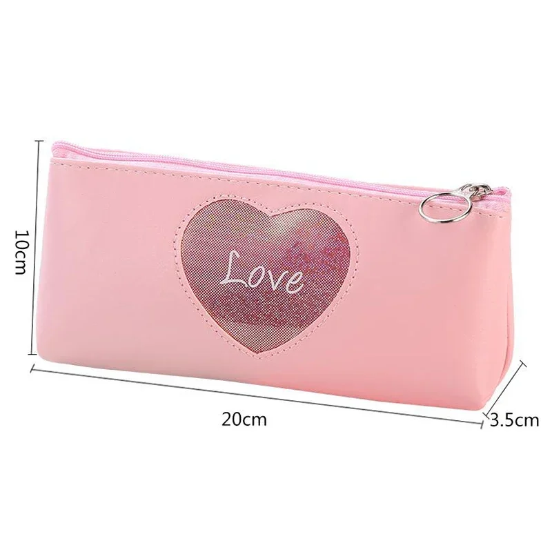 Laser Shining Love Shape Leather Pencil  Stationery Pouch Office School Supplies Stationery Estuches Pen Bag Box for Girls