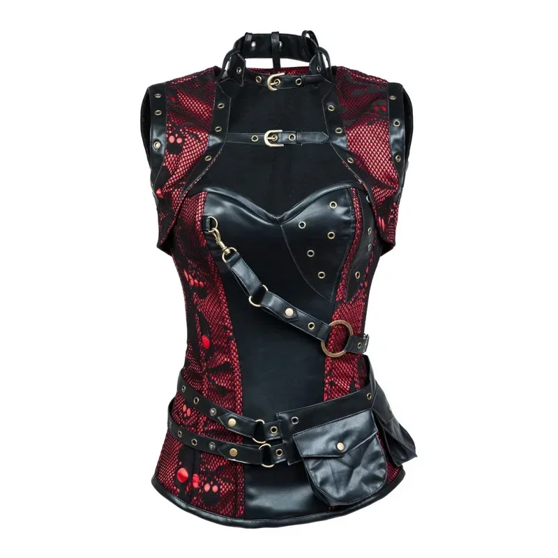 

Gothic Red Skull Pu Leather Corset Jacket Armor With Shoulder Steel Boned Waist Trainer Steampunk Vintage Burlesque Costumes