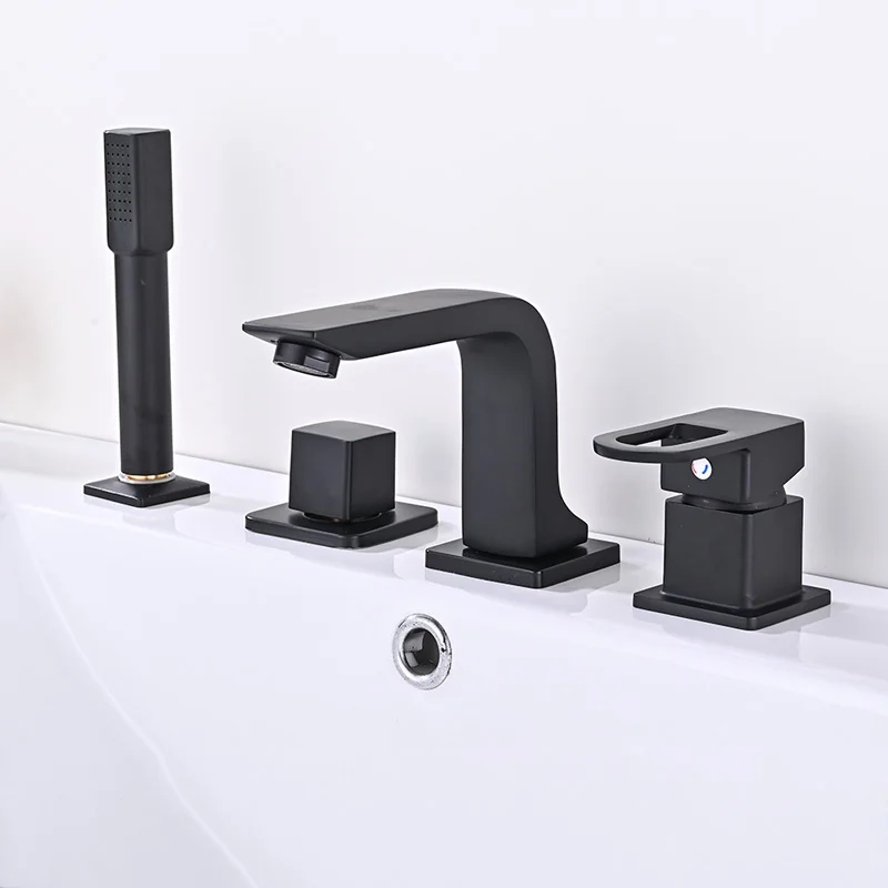

4Pcs Bathroom Bathtub Faucet with Pull Out Shower Head 4 Hole Widespread Tub Filler Deck/Wall Mount Hot and Cold Water Mixer Tap