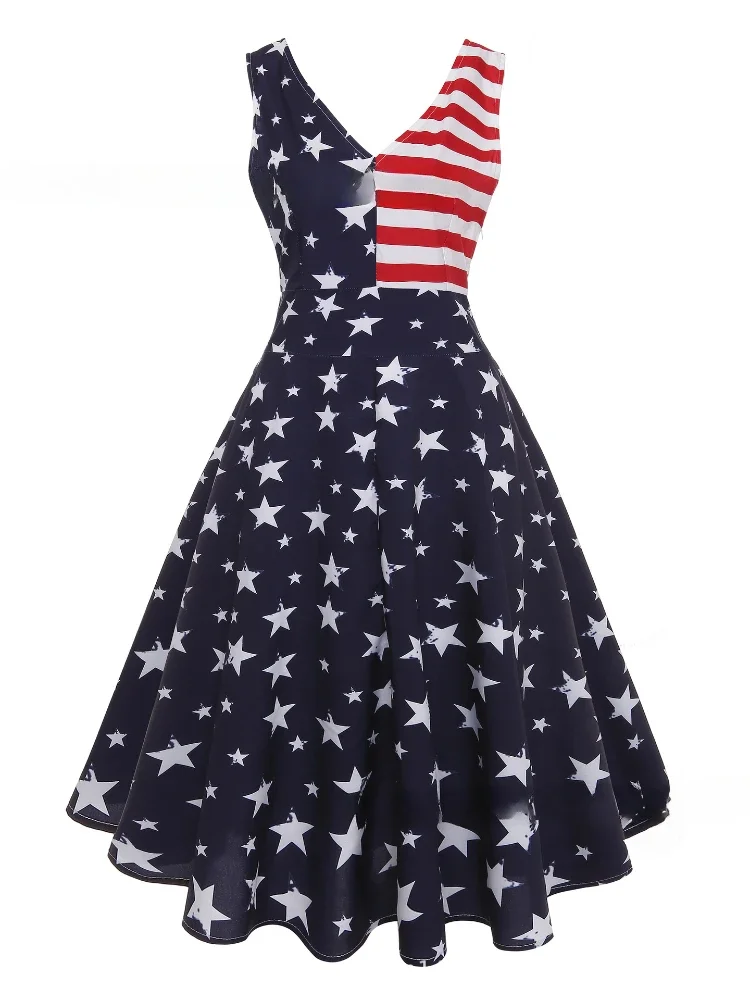 

2024 New Vintage Women Sleeveless Tank Dress Retro Scoop Neck American Flag Print Female Fashion A-line Midi Dress Woman Clothes