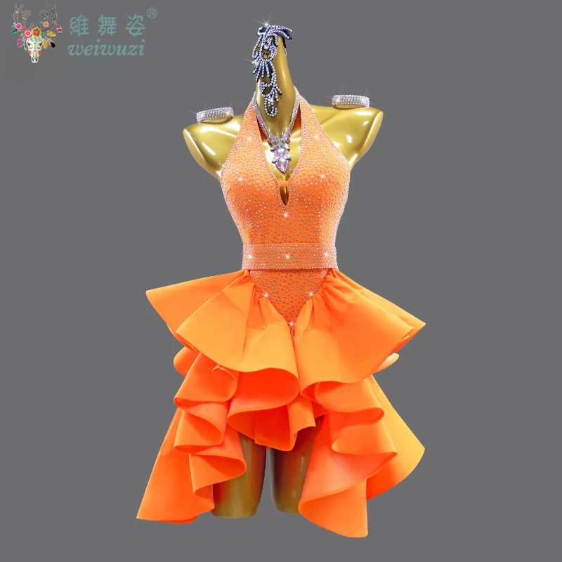 Abito da competizione di ballo latino da donna personalizzato Senior AB Stones Performance Abbigliamento Tango Chacha Abiti professionali da ballo