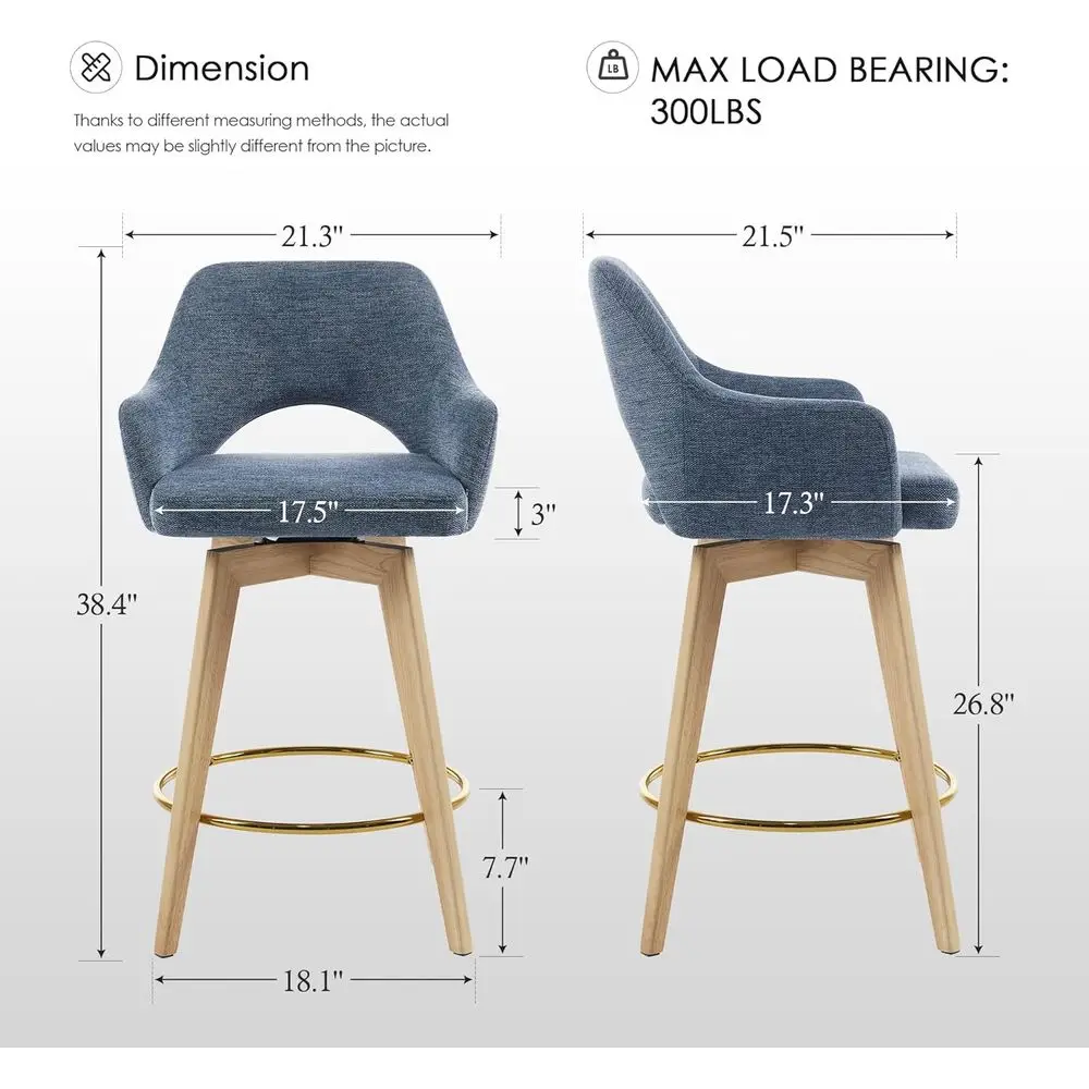 Set of 4 Blue Upholstered Linen Bar Stools with Armrests and Backrests, Gold Metal Ring Accents, Solid Wood Legs for Counter Hei