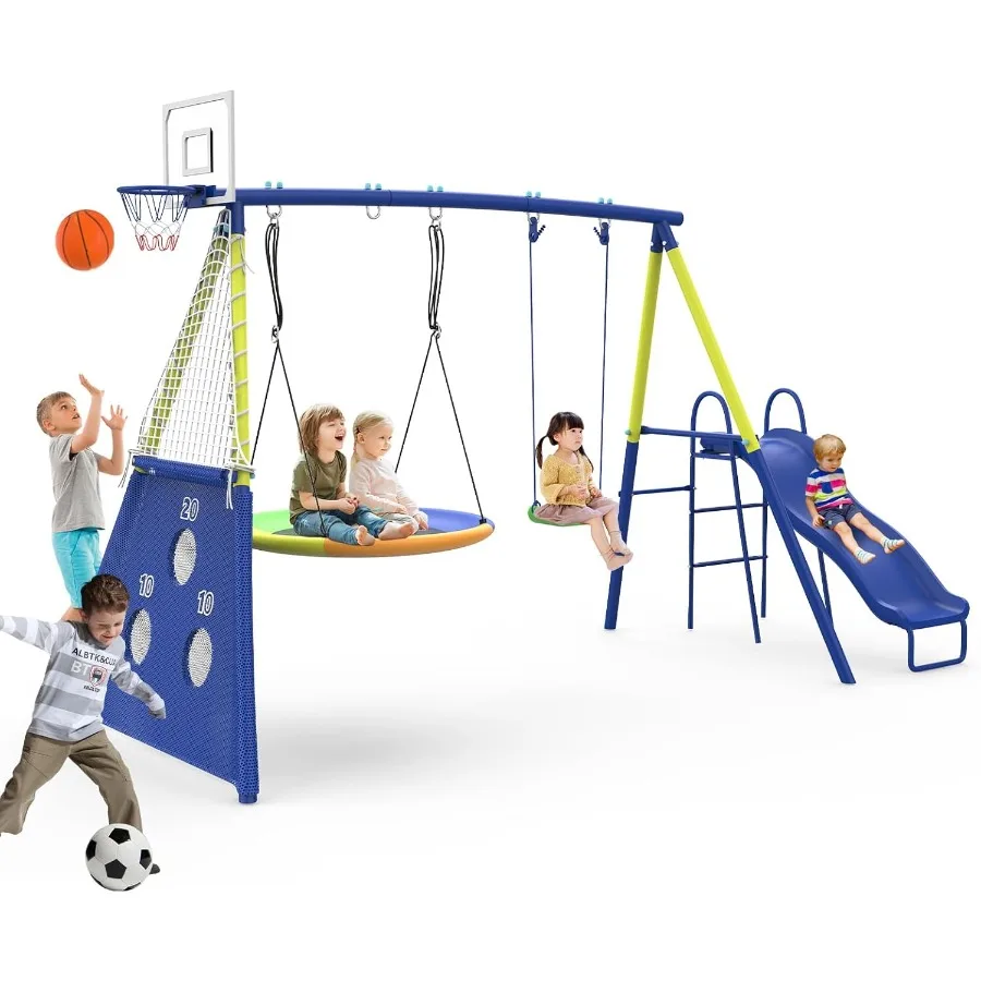 

Heavy-duty metal swing set for backyard with 5-in-1 multifunctional design featuring kids slide saucer swing seat belt swing so