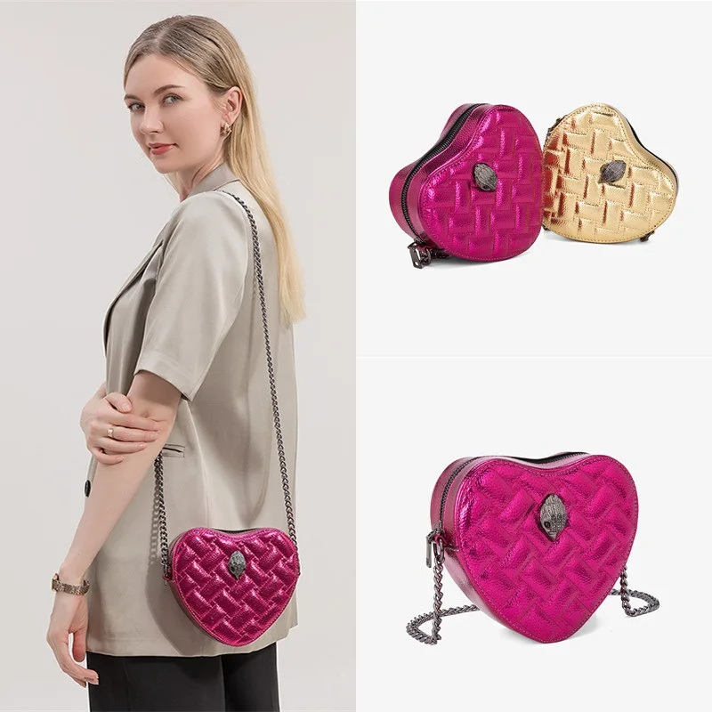 

Ins Women's Metal Chain Heart Shape Shoulder Bag Ladies Shiny Red Gold Pu Crossbody Bag Niche Design Eagle Head Bag Female