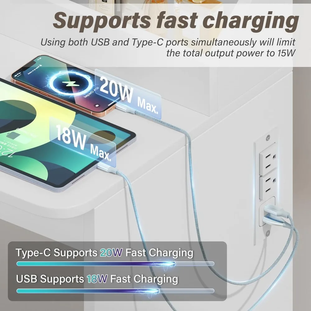 Tocador con luces y espejo, mesa de maquillaje en forma de L, tocador con soporte para secador de pelo y toma de corriente,