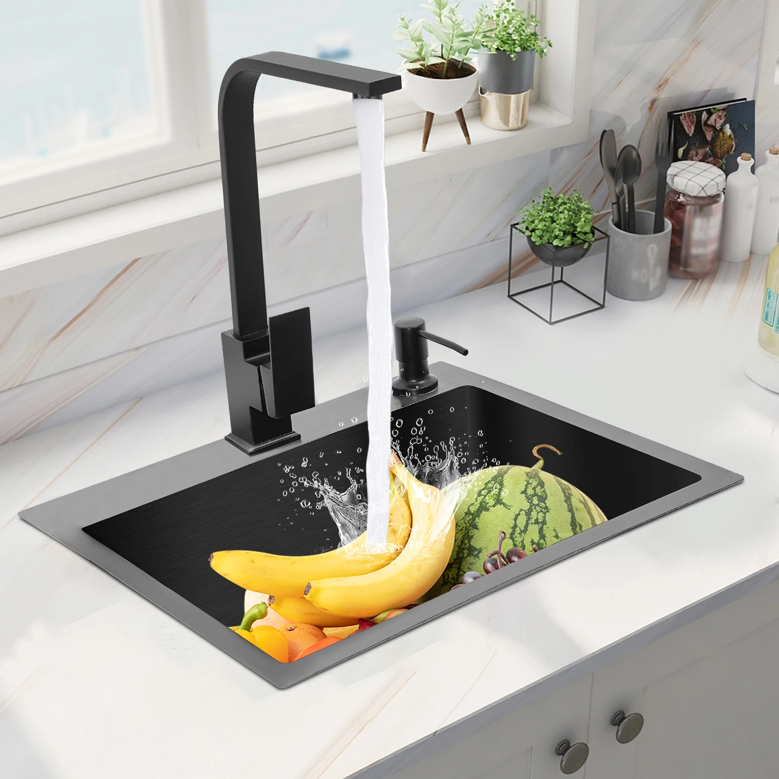 Modern Sink Stainless Steel with 180° Rotation Black Tap & Drain Basket Soap Dispenser, 40 x 45 cm, Built-in Kitchen Sink