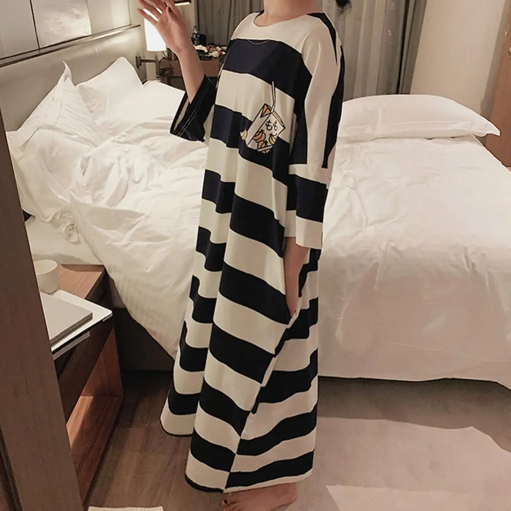 

Pajama Dress Female Short-Sleeved Striped Homewear Loose Nightgown Dress Sleepwear