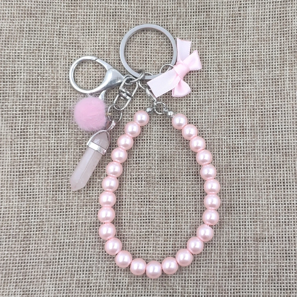 Delicate Bead Raw Stone Pearl Keychain Cute Women Bowknot Cross Religious Key Ring Girl Girlfriend Birthday Gift