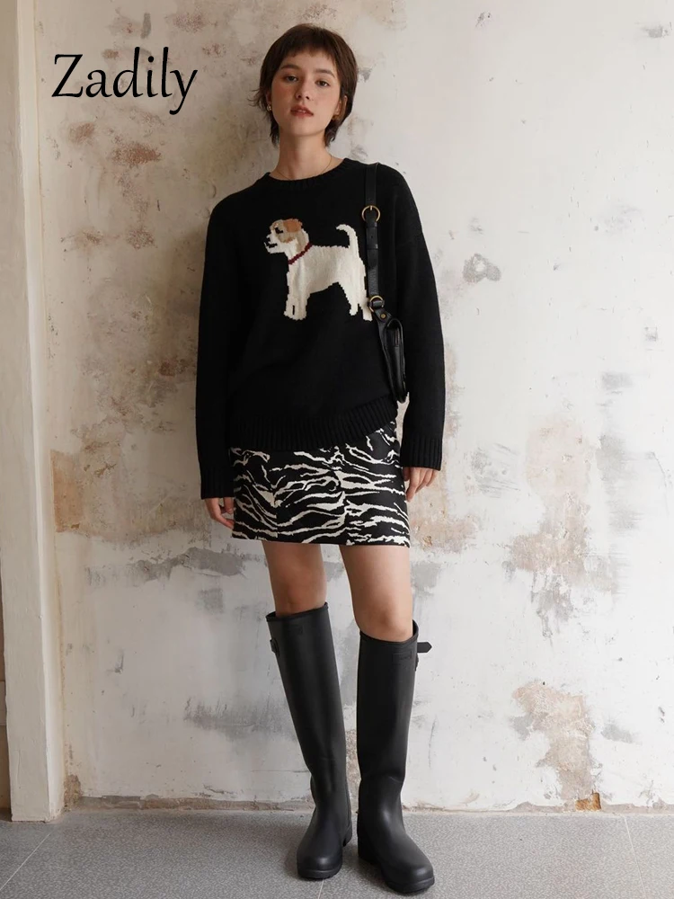 Zadily 2023 Winter Casual Long Sleeve Women Dog Embroidery Sweater Korea Style O neck Warm Knit Ladies Pullovers Female Clothing