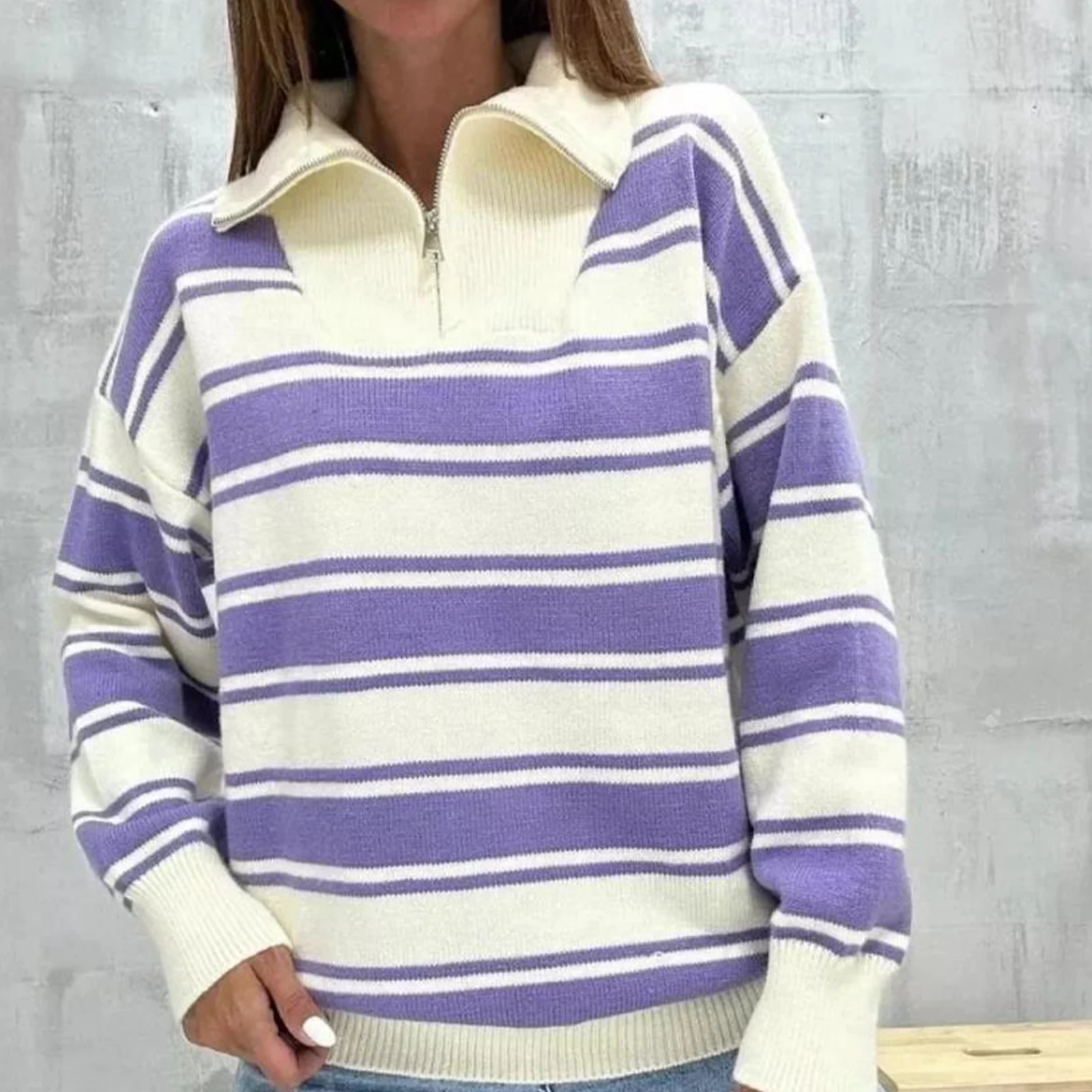 

Зимний женский модный и удобный свободный вязаный топ в полоску с лацканами на половину молнии, подходящий для повседневной повседневной носки