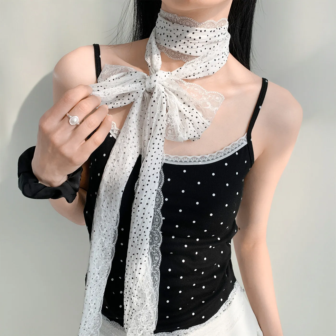 

Korean Retro Polka Dot Lace Long Scarf Ins Style Sweet Summer Scarf Skirt Accessories Dating Commuting Daily Scarf