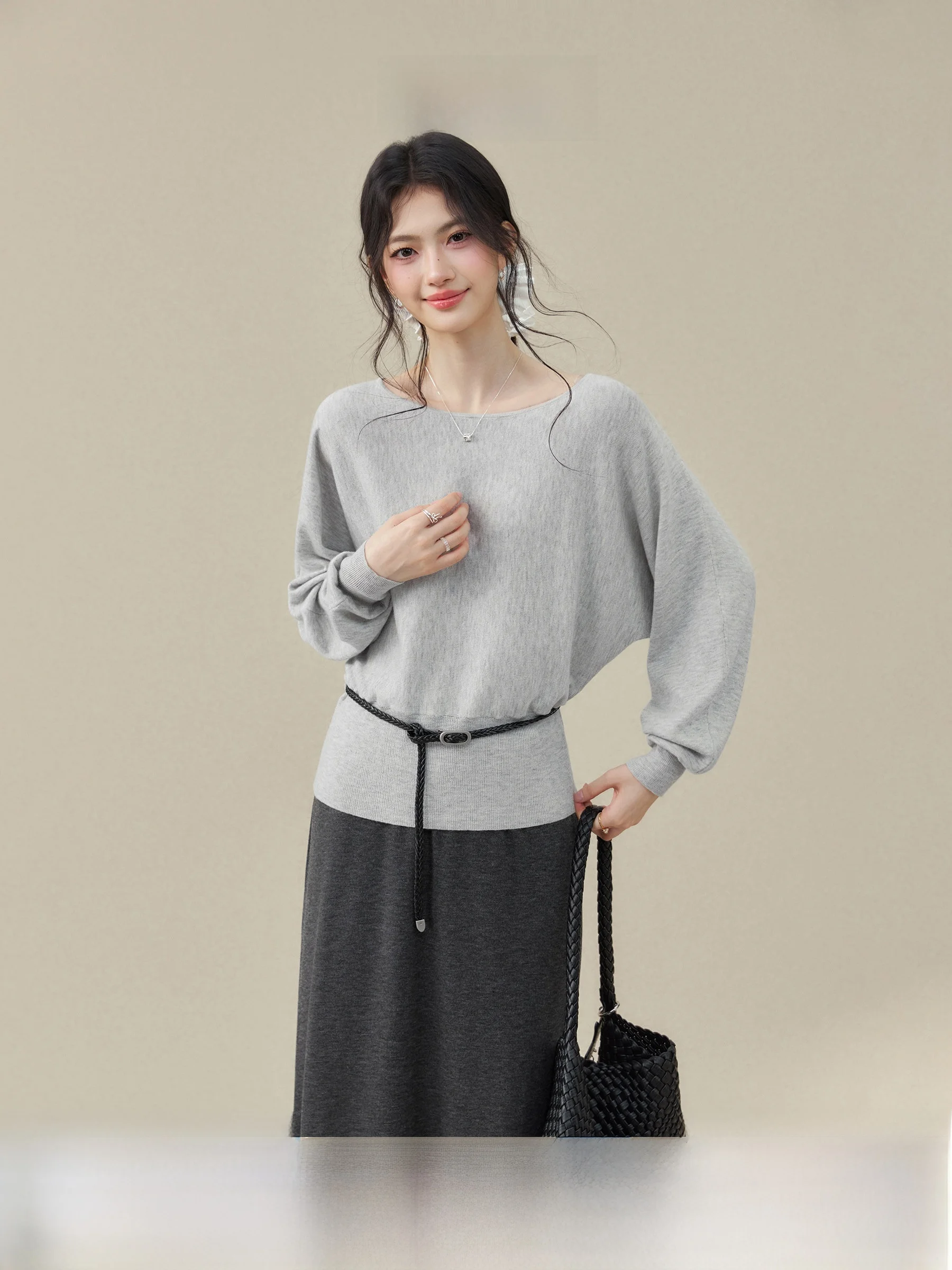 

Gray round Neck Batwing Sleeve Knitted Sweater Women's Soft Lazy Top 《 》Spring Autumn Loose Fit Style