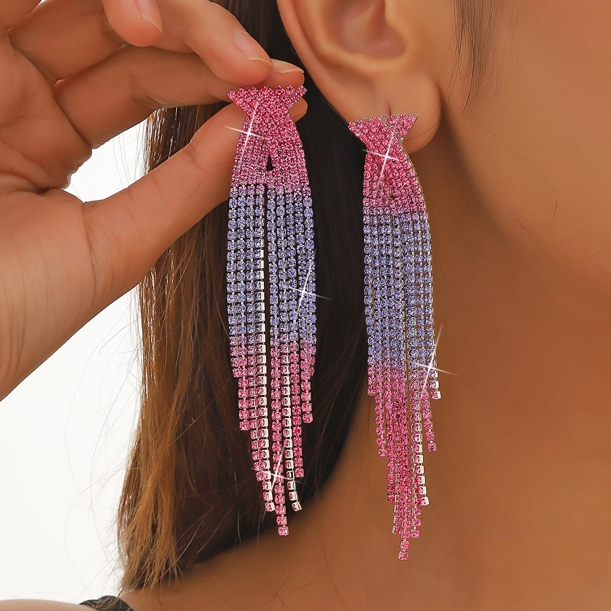 Long Crystal Tassels Earrings For Women Luxury Glitter Water Drop Earrings Red/Black/Blue/Gray Gradient Earrings Jewelry