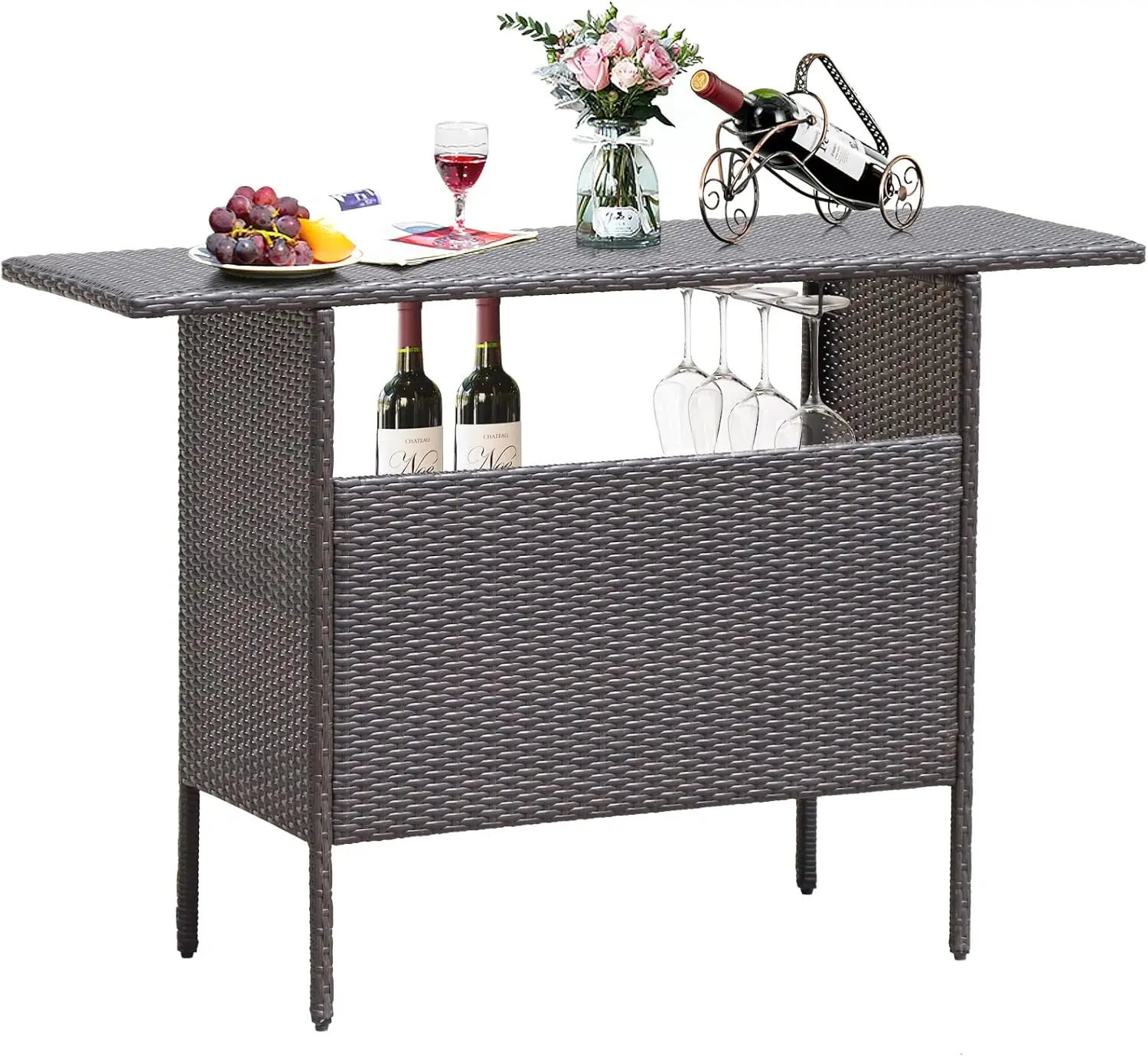 Outdoor Patio Wicker Bar Table, 2 Storage Shelves, 55''W Tabletop, Rails for Hanging Wine Glasses, Heavy-Duty Metal Frame