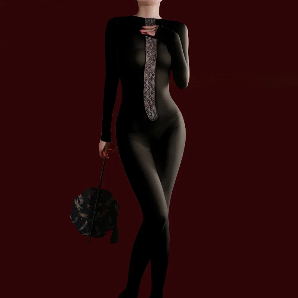 Fashion Front Lace Patchwork 10D Bodysuit For Women High Elastic Shaping Oil Shiny Smooth Tights Woman Maid Leotard Slimming