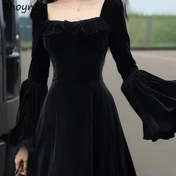 Square Neck Dress Korean-style Flare Sleeve Edible Tree Fungus Pleated Gothic Slim Defined Waist Vintage Design Temperament Cozy