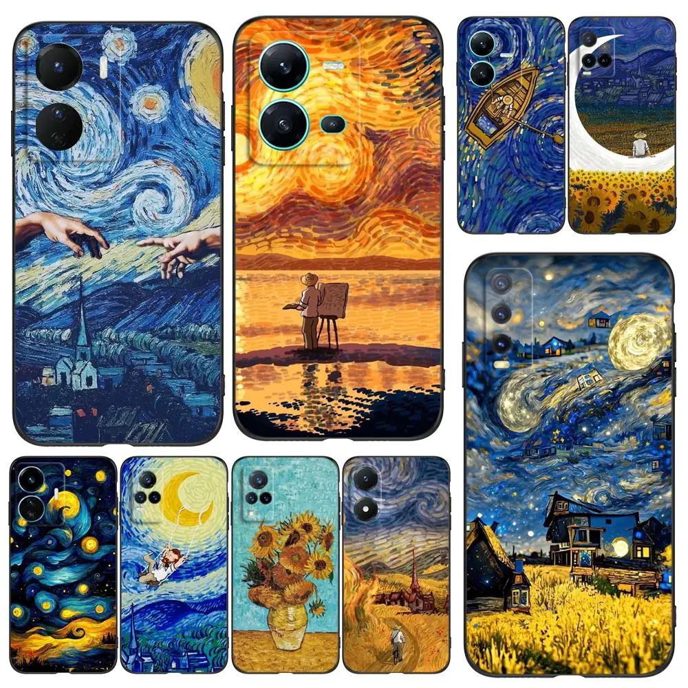 2020 아티스트 반 고흐 유화 블랙 TPU 케이스, Vivo Y52 Y70 Y70s Y70T Y71 Y71A Y72 Y73S Y75 Y76 Y75 Y81 5G