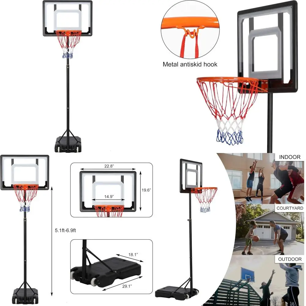 

Youth Height-Adjustable Basketball Hoop System Portable Indoor Outdoor 5.1-6.9 Ft to 6.9-8.5 Ft with Wheels for Kids
