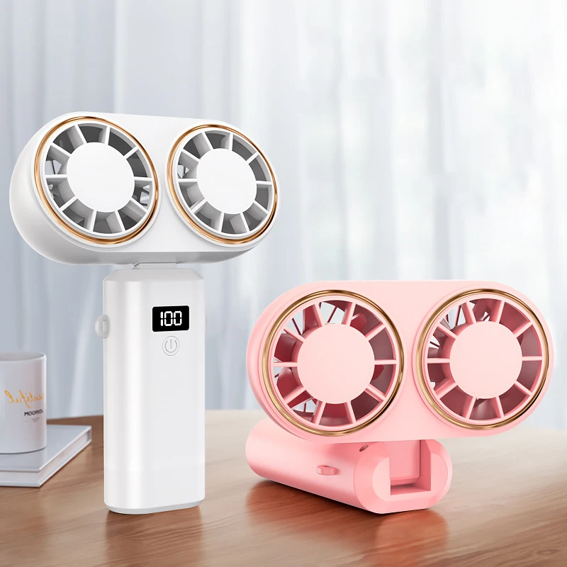 

C5 Intelligent Digital Display Double-Head Fan 5 Speeds Adjustable From 3 To 6 Hours Of Autonomy Handheld Fold Fan Usb Charging