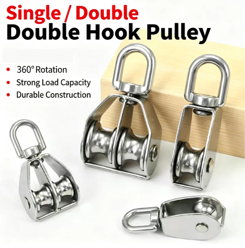 304 Stainless Steel Single Pulley Block M15-M100 Single/Double Wheel Swivel Lifting Rope Pulley Set Wire Rope Lifting Wheel Tool