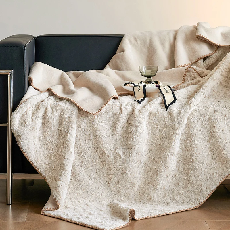Rabbit Plush Rose Blanket Winter Double-sided Thick Bed Blanket Napping Sofa Blanket Office Air Conditioning Shawl Anti-static
