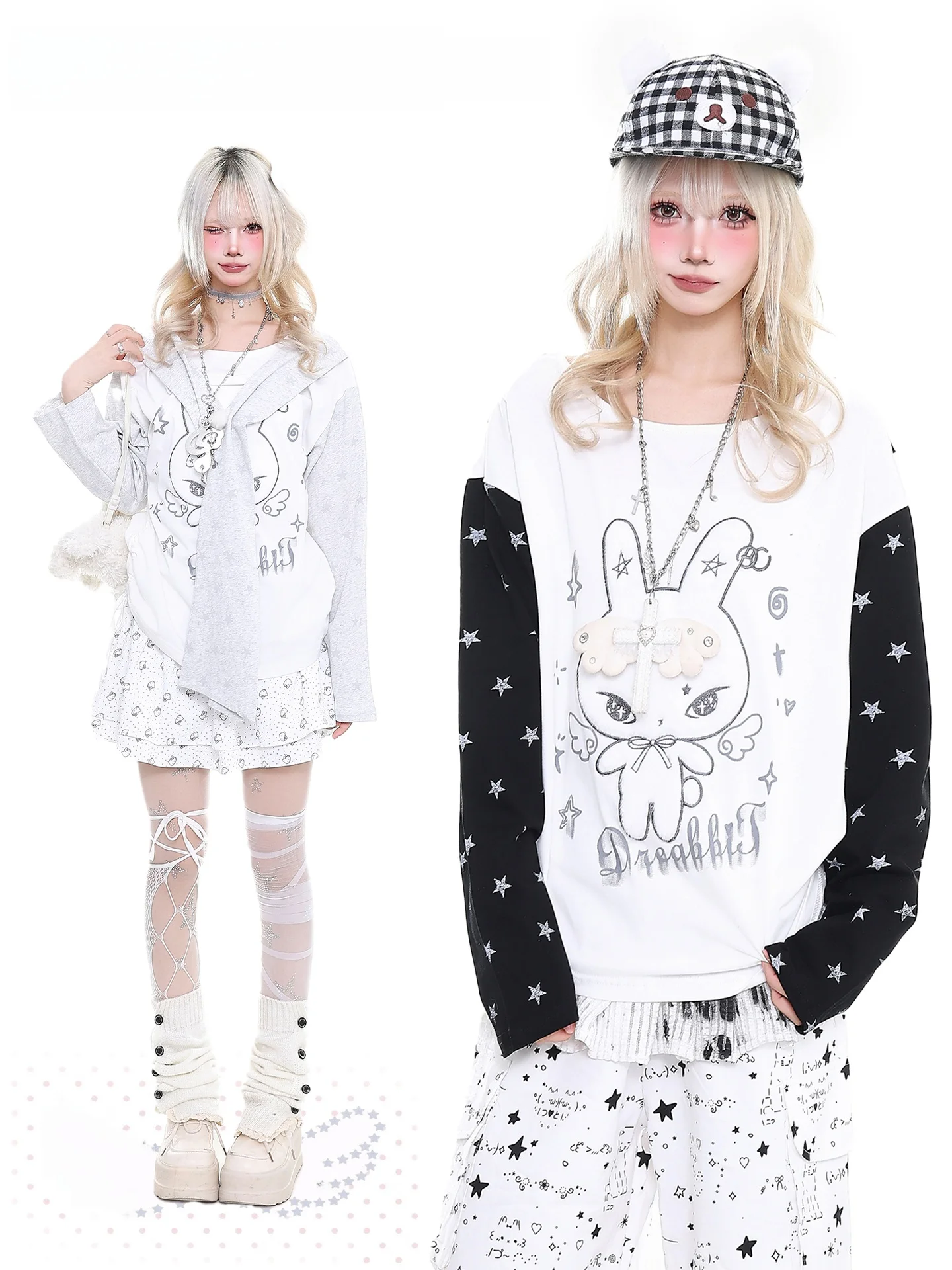 

Orange Marmalade T-irt Women's Loose Long Sve Spring Slimming Printed Patchwork Star Saving Fake Two-Piece Top