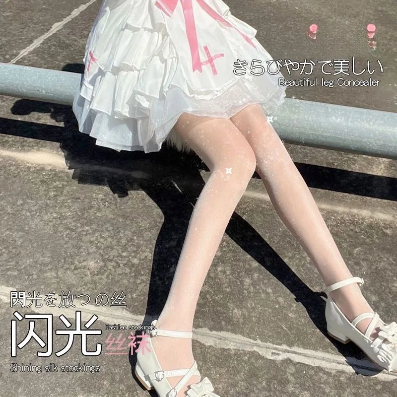 JK Lolita White Shiny Transparent Silk Pantyhose Women's High Waist Elastic Smooth Tights Sexy Slim-fit Glitter Bright Hosiery
