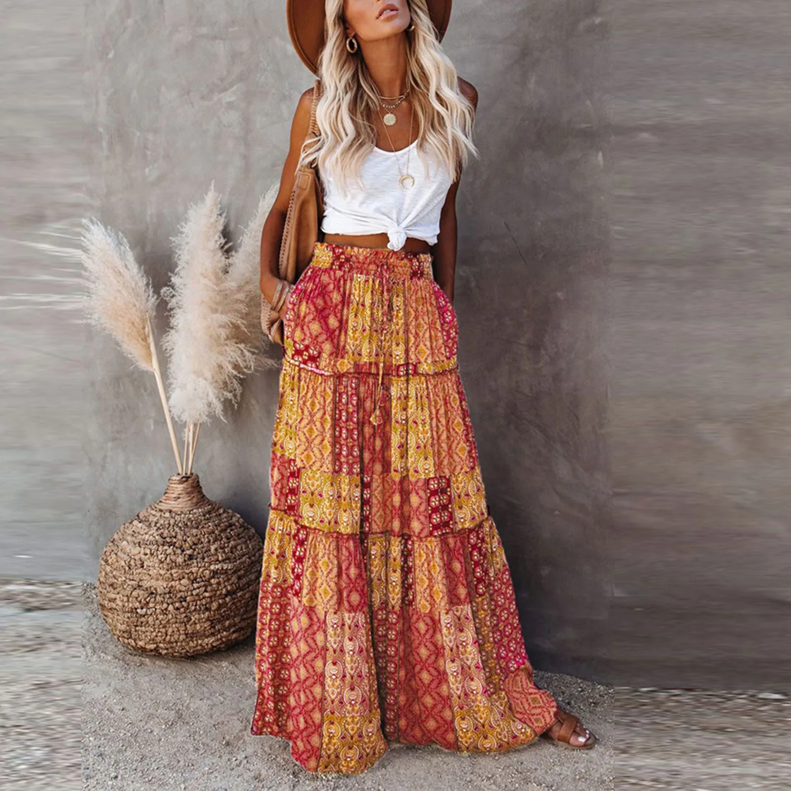 Women\'s long skirt Fashion Bohemian Print Elastic Waist Skirt Loose Casual High Waist Tie Long Skirts Loose and comfortable saia