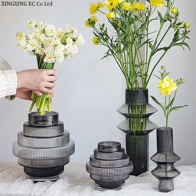 Modern Personality Gray Glass Countertop Vase Creative Modeling Living Room Flower Arrangement Home Decoration Accessories