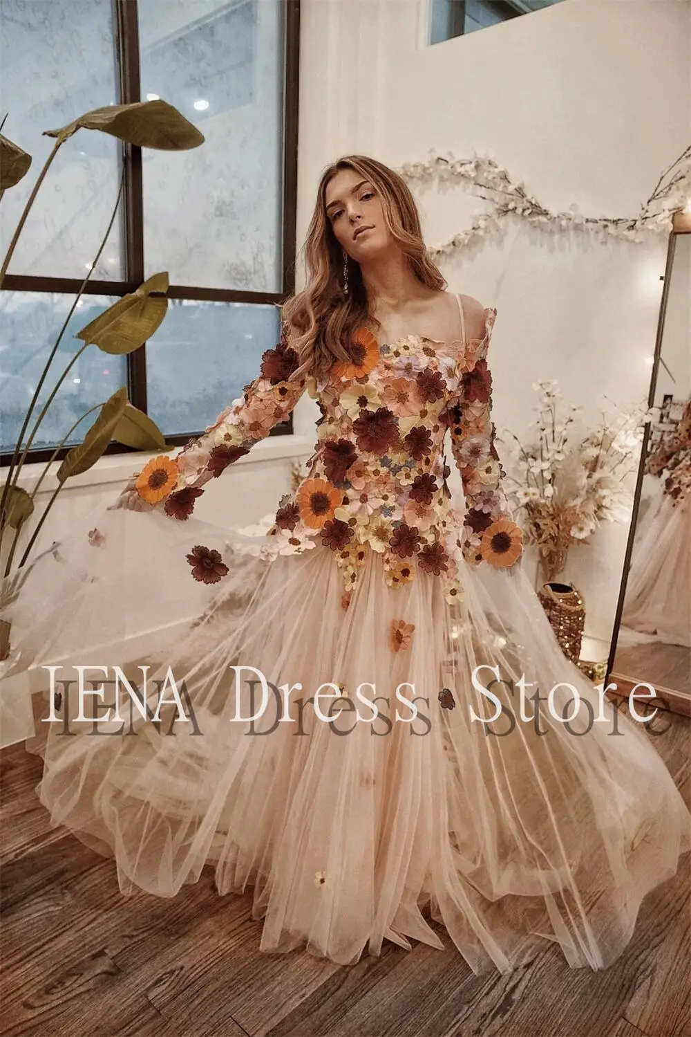 14666 # Iena Bohemian Trouwjurk Hand Geborduurde Botanische Bloemen Jurk Romantische Trouwjurk Off Shoulder Unieke Bruidsjurk