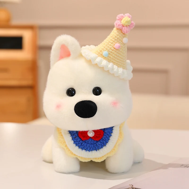 

Kawaii And Soft Plush Stuffed Puppy Toy Sitting White Dog Home Decoration With Bib And Birthday Hat Kids Birthday Gifts