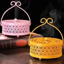 Hollow Incense Burner Iron Repellent Incense Coil Holder with Lid Handle Heavy Duty Mosquito Coil Tray Desktop Ash Catcher Box
