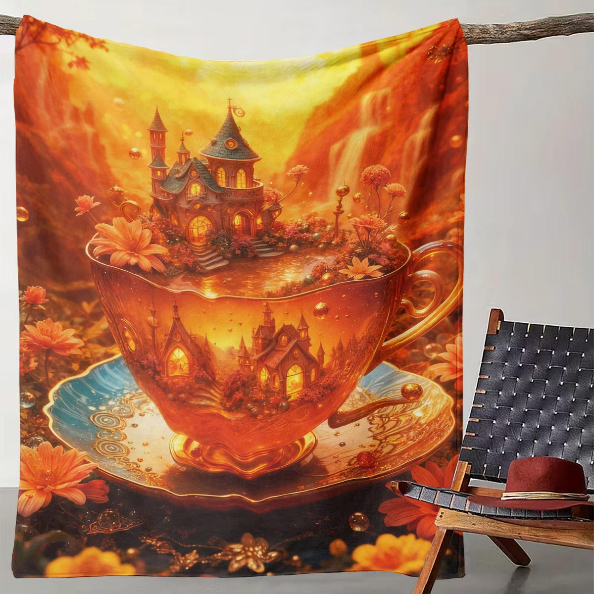 

1 piece of fantasy golden tea cup fairy tale castle blanket, dreamy art style bedroom sofa decorative blanket