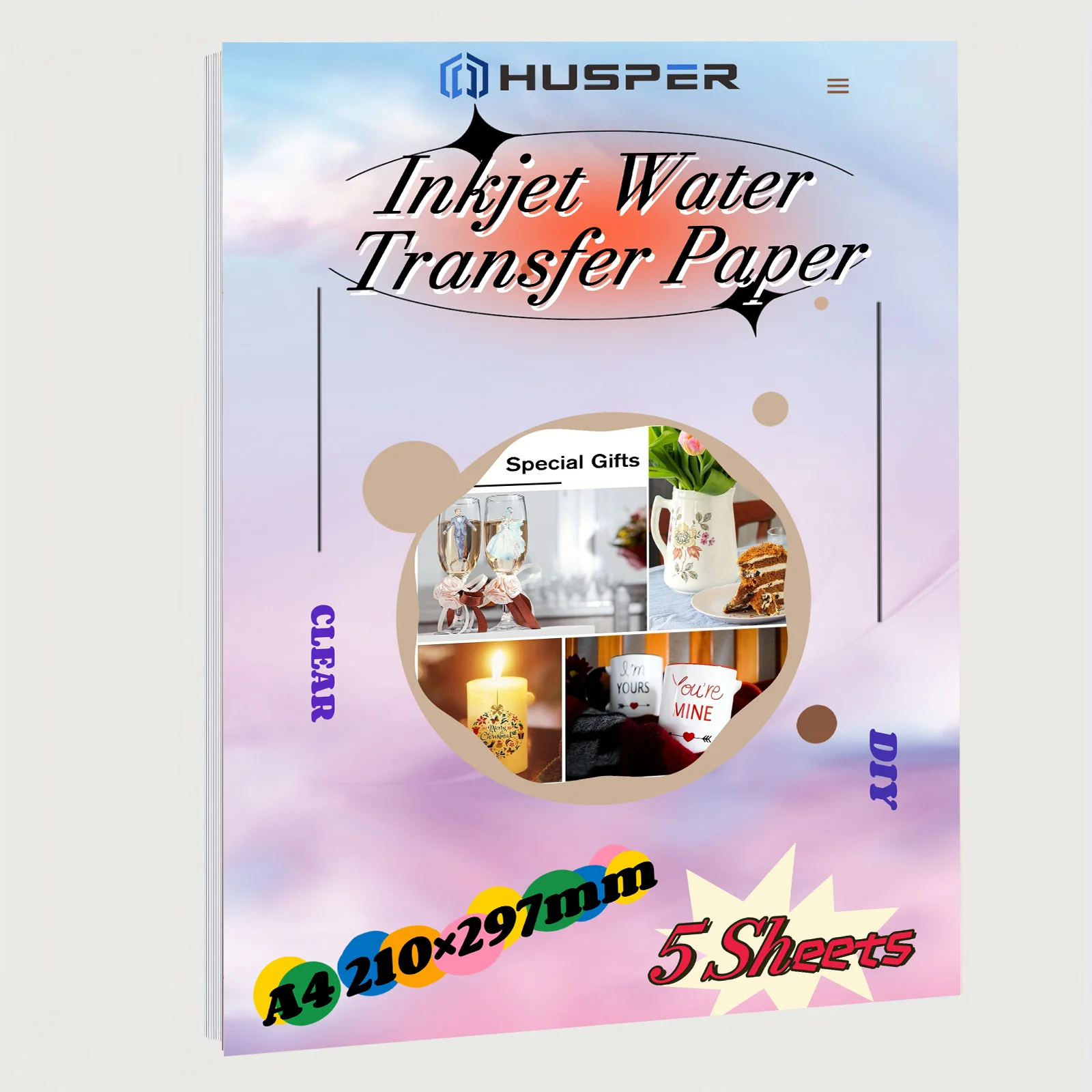 HUSPER Waterslide Decal Paper for Inkjet Printer - Clear Transparent - 5 Sheets Water Slide Transfer Paper - 8.3x11.7 Inches