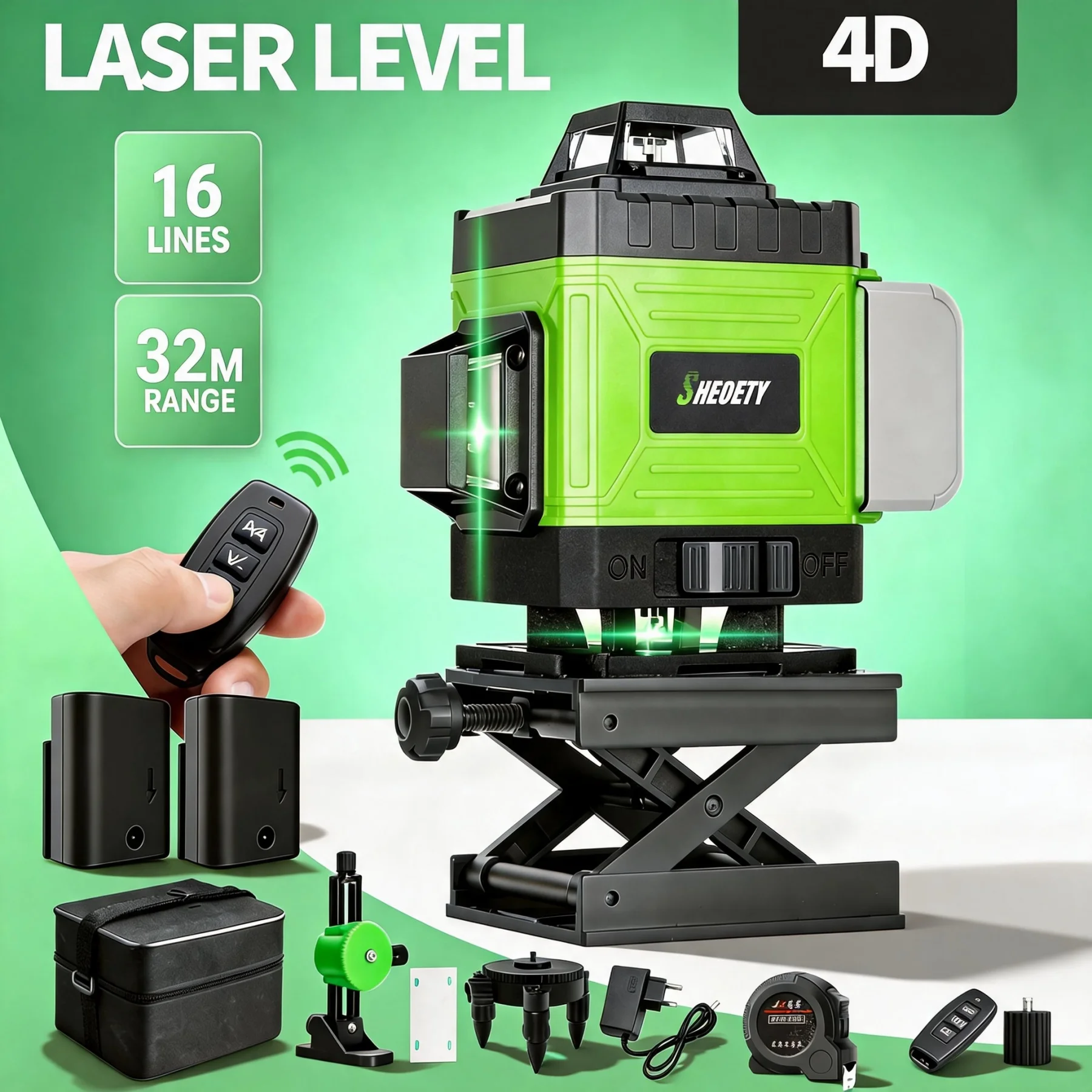 16-Linien-Laser-Nivelliergerät mit grünem Strahl, selbstnivellierend, mit 2x2400mAh Akkus, 8 Stunden lange Arbeitszeit, hohe Genauigkeit, starkes Licht, sichtbar bei Sonnenlicht, für Fliesen, Boden,