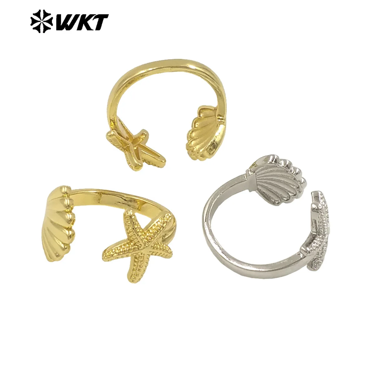 WT-R554 Amazing Fashion Gold Plated Ocean Style Scallop and Sea Star Design Women Rings In Open Size