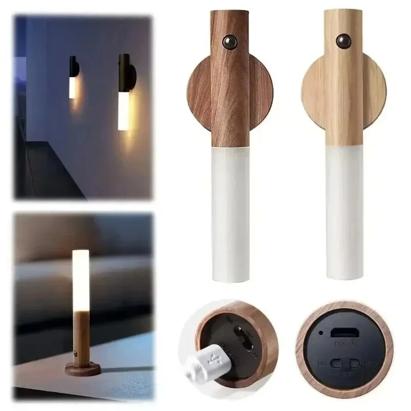 Wooden Motion Sensor Night Light LED Wall Lamp USB Rechargeable Magnetic Indoor