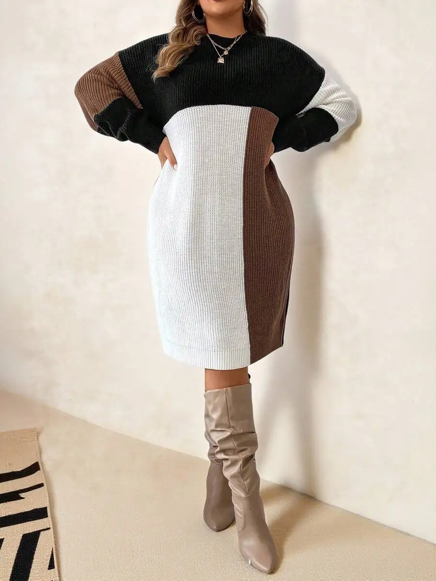 เสื้อสเวตเตอร์ผู้หญิงไซส์ใหญ่ ดีไซน์หรูหรา ตัดต่อสี คอทรงกลม แขนยาว ไหล่ตก ใส่สบาย อุ่น สำหรับฤดูใบไม้ร่วงและฤดูหนาว