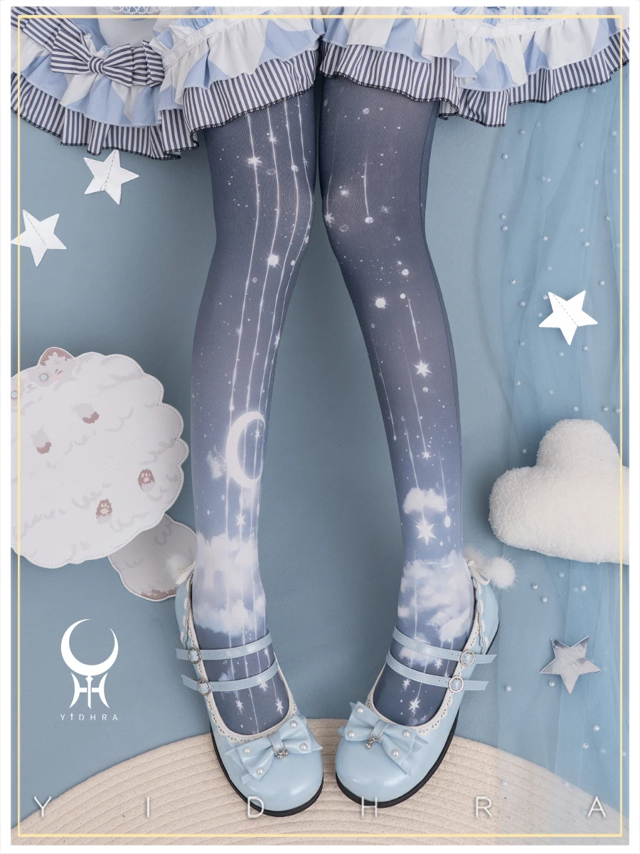 

Original Day and Night Stars Moon Clouds Printing Lolita Pantyhose Soft Girl Autumn Winter Velvet Lo Pantyhose with Skirt Women