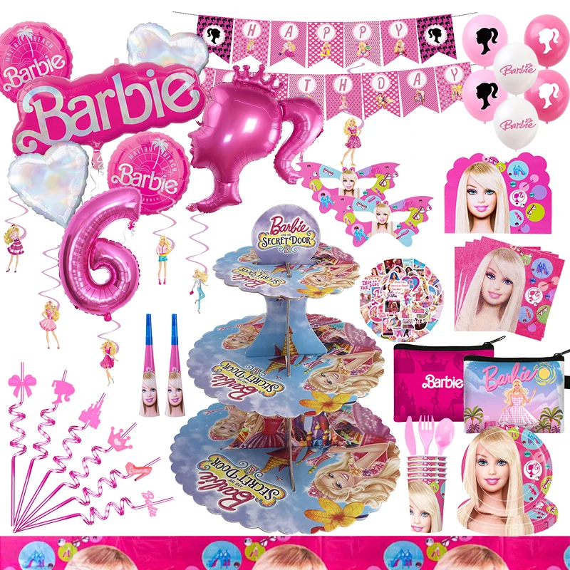 For Barbie Birthday Party Decoration Aluminum Foil Balloons Kids Girl Event Supplies Cake Stand Disposable Tableware Banner Gift